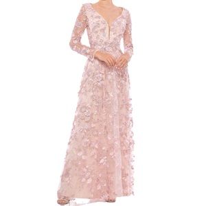 NWT Mac Duggal 70224 Rose Pink Floral Applique Long Sleeve Illusion Gown - Sz 8